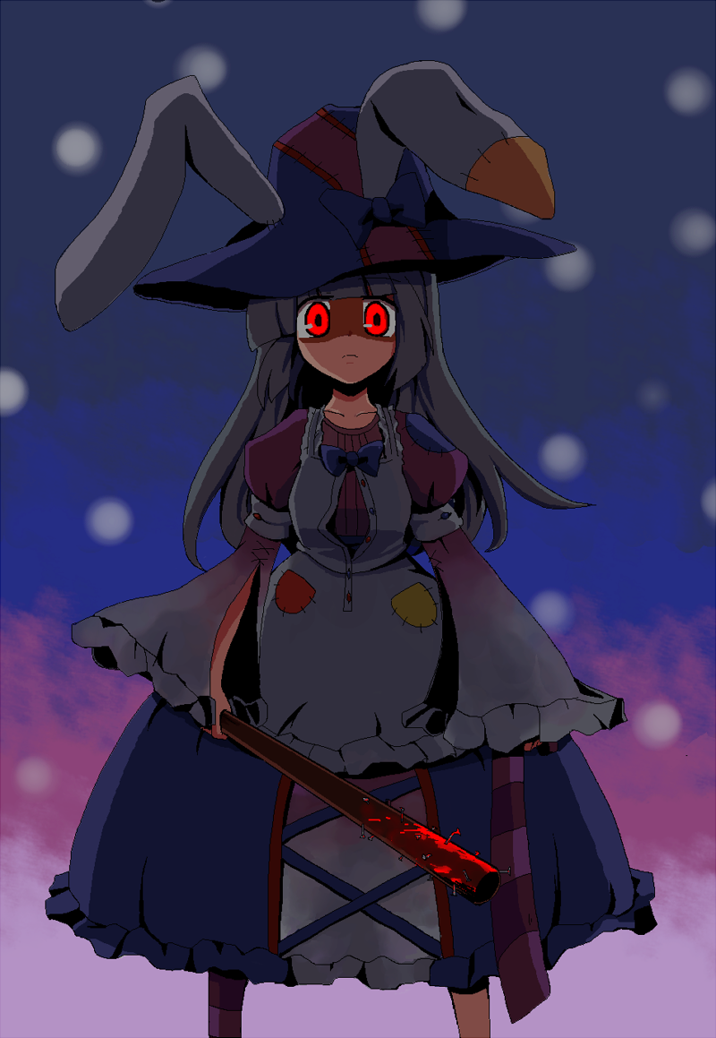 1girl, baseball_bat, blood, club, club_(weapon), creepy, female_focus, horror_(theme), irisu_kyouko, irisu_shoukougun!, kari_(karinimooreha), nail_(hardware), nail_bat, red_eyes, solo, spiked_club, weapon