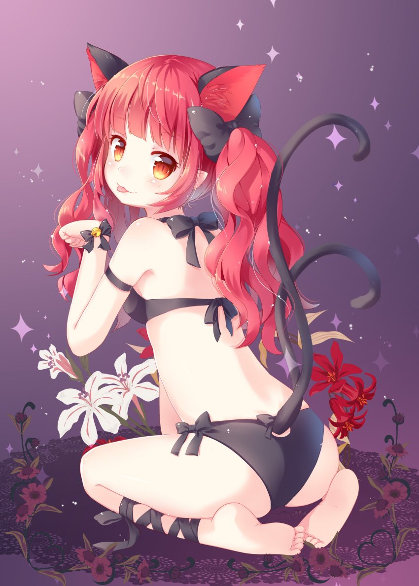 1girl, :3, absurdres, animal_ears, ass, bare_shoulders, barefoot, bell