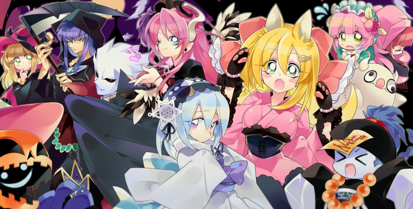 breasts, commentary_request, cosplay, dark_magician, dark_magician_girl, duel_monster, ghostrick_alucard, ghostrick_angel_of_mischief, ghostrick_doll, ghostrick_jiangshi, ghostrick_lantern, ghostrick_nekomusume_(cosplay), ghostrick_skeleton_(cosplay), ghostrick_socuteboss, ghostrick_specter, ghostrick_witch, ghostrick_yuki-onna, halloween, long_hair, misaka_(missa), multiple_boys, multiple_girls, yu-gi-oh!, yu-gi-oh!_duel_monsters