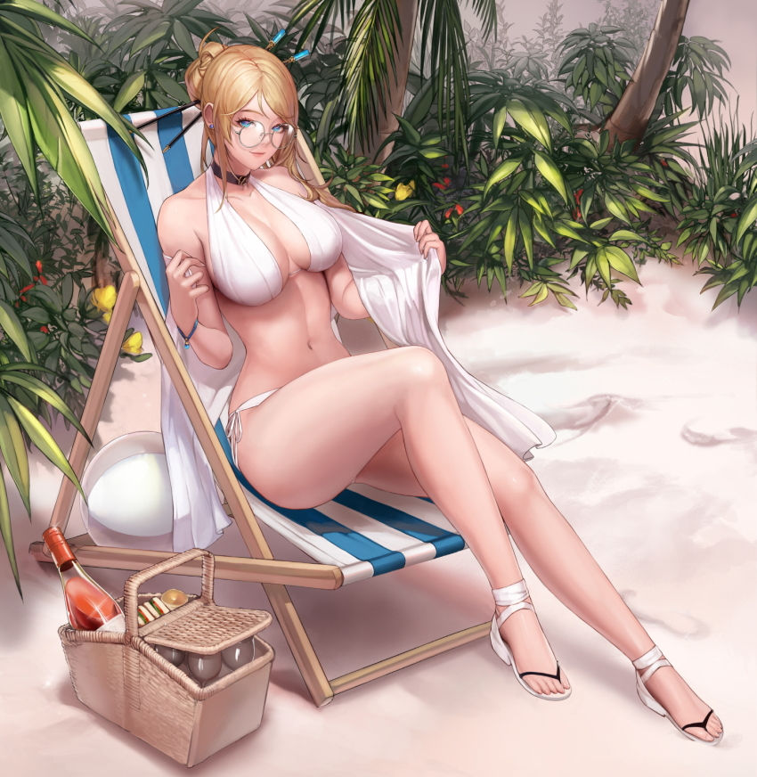 1girl, alcohol, ball, beach, beach_chair, beachball, bikini, blonde_hair, blue_eyes, bottle, bracelet, breasts, choker, cleavage, collarbone, cup, deck_chair, drinking_glass, dungeon_and_fighter, earrings, eyelashes, female_focus, female_gunner_(dungeon_and_fighter), folding_chair, food, framed, from_side, full_body, hair_bun, hair_ornament, hair_stick, halterneck, highres, jewelry, large_breasts, long_hair, looking_at_viewer, monaim, navel, outdoors, panties, picnic_basket, plant, revision, round_eyewear, sand, sandals, sandwich, side-tie_bikini_bottom, single_hair_bun, sitting, smile, solo, stud_earrings, swimsuit, towel, tree, underwear, white_bikini, wine, wine_bottle, wine_glass