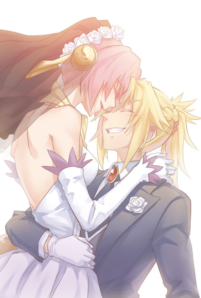 2girls, bare_shoulders, blonde_hair, braid, bridal_veil, brooch, closed_eyes, detached_sleeves