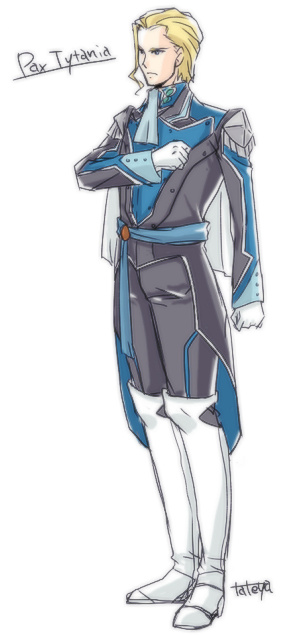 1boy, ariabart_tytania, ascot, blonde_hair, boots, clenched_hands, full_body, hand_on_own_chest