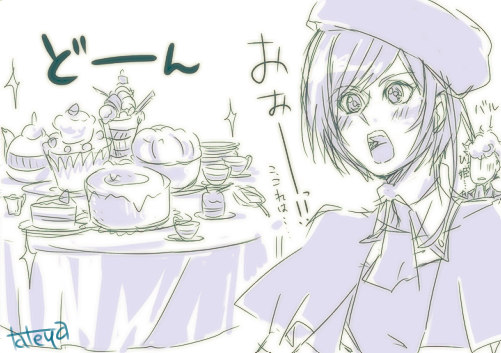 1girl, artist_name, ascot, bal'ami_tytania, beret, blush, food, hat