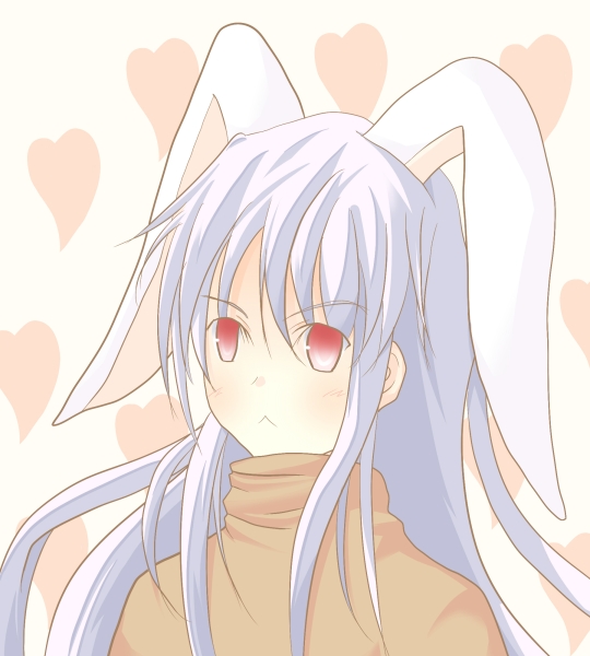 1girl, :<, animal_ears, bad_id, bad_pixiv_id, rabbit_ears, female_focus, long_hair, purple_hair, red_eyes, reisen_udongein_inaba, solo, touhou, turtleneck, watage