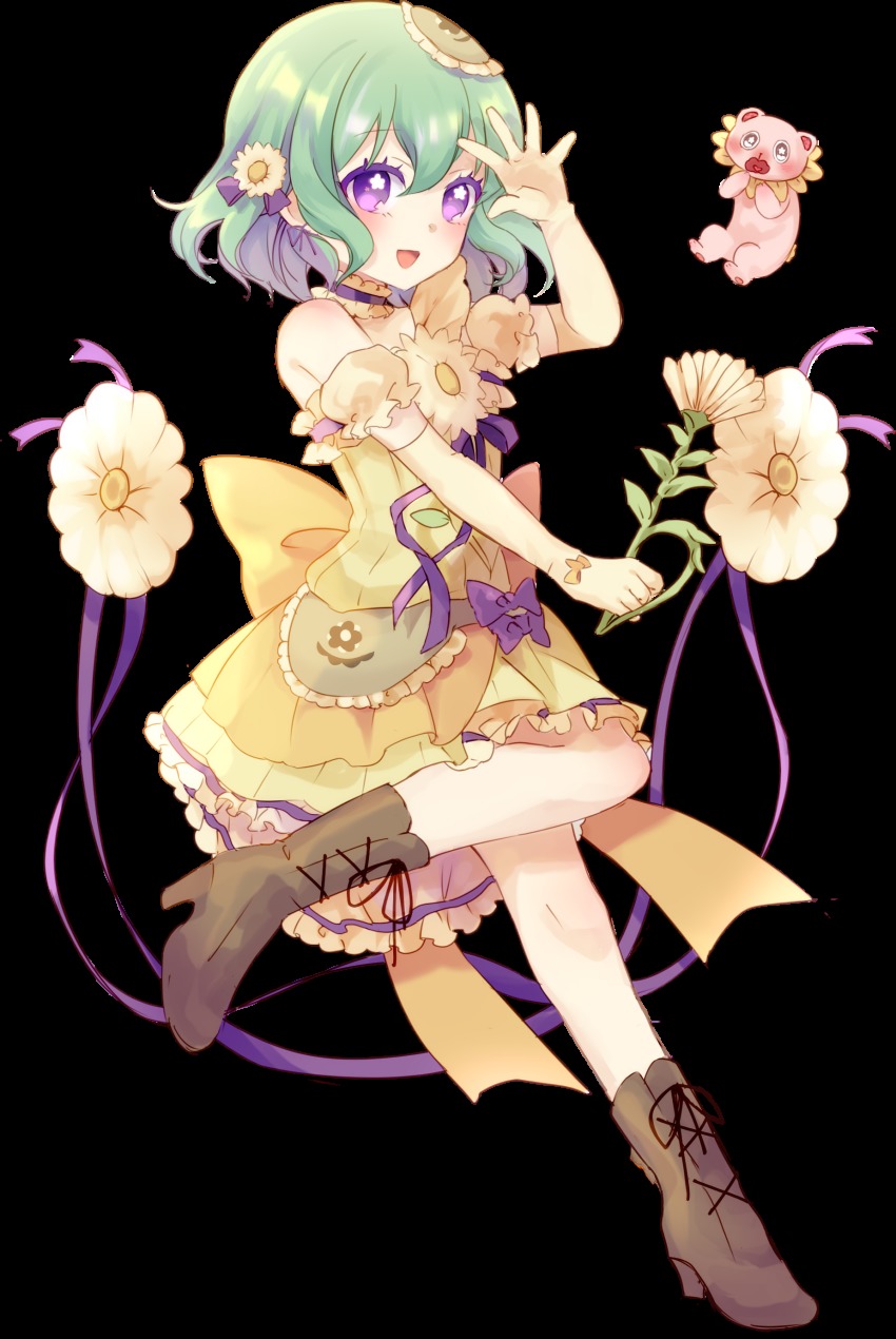 1girl, :d, absurdres, blush, boots, bow, brown_footwear, detached_sleeves, dress, flower, full_body, green_hair, hair_flower, hair_ornament, hand_up, highres, looking_at_viewer, magical_daisy, mahou_shoujo_ikusei_keikaku, open_mouth, puffy_short_sleeves, puffy_sleeves, purple_bow, purple_eyes, short_hair, short_sleeves, smile, transparent_background, yellow_dress, yunare