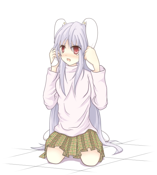 1girl, animal_ears, bad_id, bad_pixiv_id, blush, female_focus, full_body, hand_on_own_ear, long_hair, plaid_clothes, plaid_skirt, purple_hair, rabbit_ears, red_eyes, reisen_udongein_inaba, skirt, solo, tears, touhou, watage, white_background