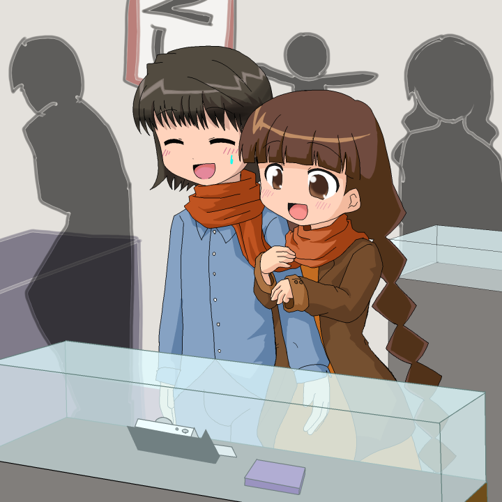 00s, 1boy, 1girl, arm_grab, holding_another's_arm, braid, brown_eyes, brown_hair