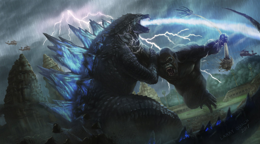 aircraft, ape, atomic_breath, battle, breath_weapon, crossover, dinosaur, electricity, electrocution, energy, energy_beam, epic, fight, fighting, forest, fusion, gills, glowing, glowing_mouth, glowing_spikes, glowing_veins, godzilla, godzilla_(2014), godzilla_(series), godzilla_vs._kong, gorilla, helicopter, kaiju, king_kong, king_kong_(series), king_kong_vs._godzilla, kong:_skull_island, larry_quach, legendary_pictures, lightning, military, military_vehicle, monsterverse, mouth_beam, muscular, muscular_male, nature, neon_trim, plasma, rain, rainforest, scar, spikes, storm, temple, toho, veins