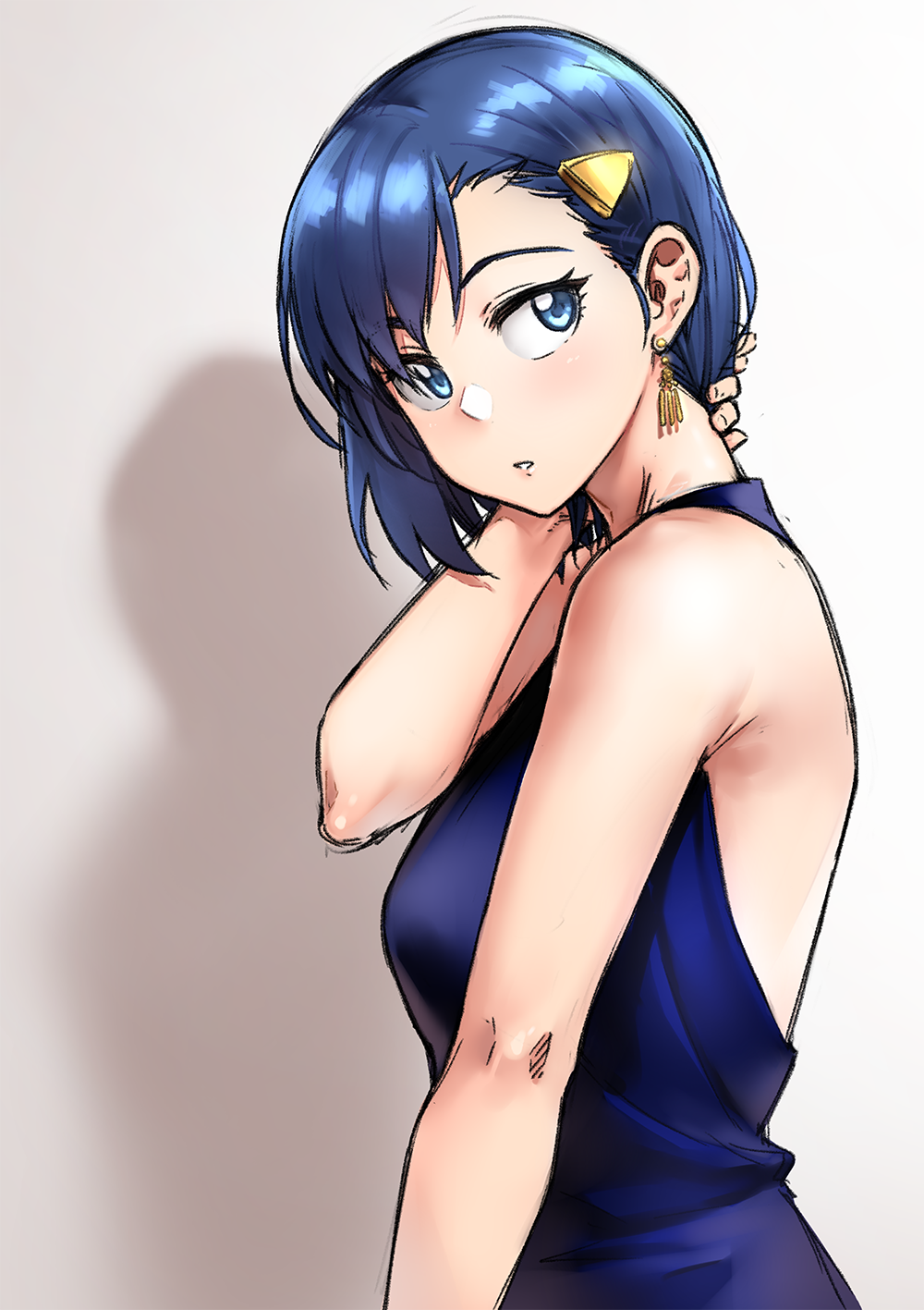 1girl, blue_dress, blue_eyes, blue_hair, dress, earrings, female_focus, from_side