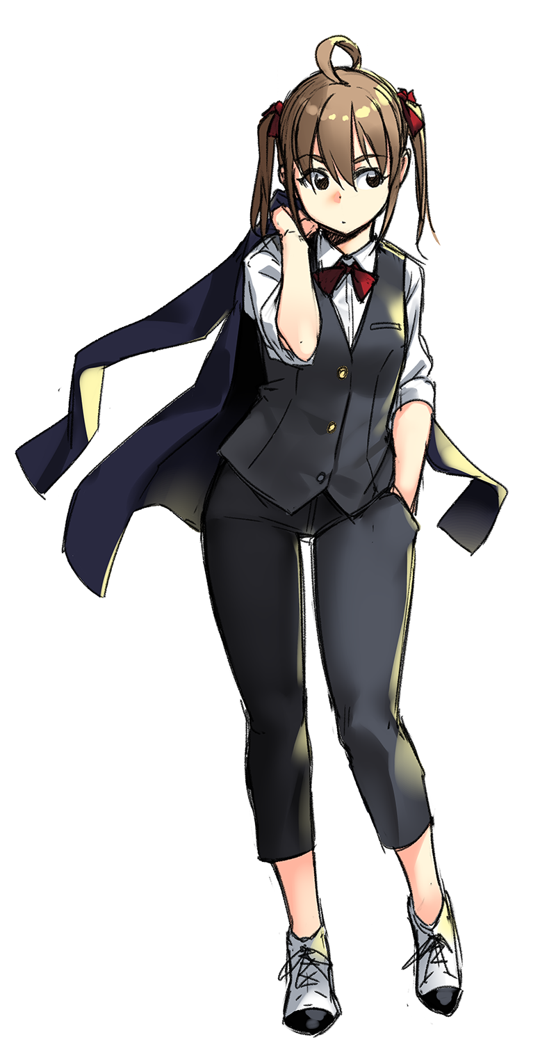 1girl, ahoge, black_pants, black_vest, bow, bowtie, brown_hair, capri_pants