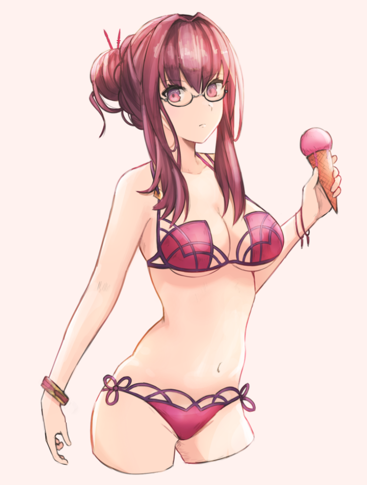 1girl, alternate_hairstyle, bespectacled, bikini, bracelet, breasts, expressionless, fate/grand_order, fate_(series), flower, food, gae_bolg_(fate), glasses, hair_flower, hair_ornament, ice_cream, jewelry, large_breasts, leatzche, looking_at_viewer, navel, pink_bikini, purple_bikini, purple_hair, red_eyes, scathach_(fate), scathach_(swimsuit_assassin)_(fate), simple_background, swimsuit