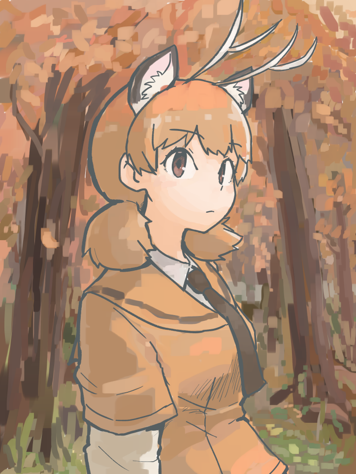 10s, 1girl, animal_ears, antlers, brown_eyes, deer_ears, female_focus, grass