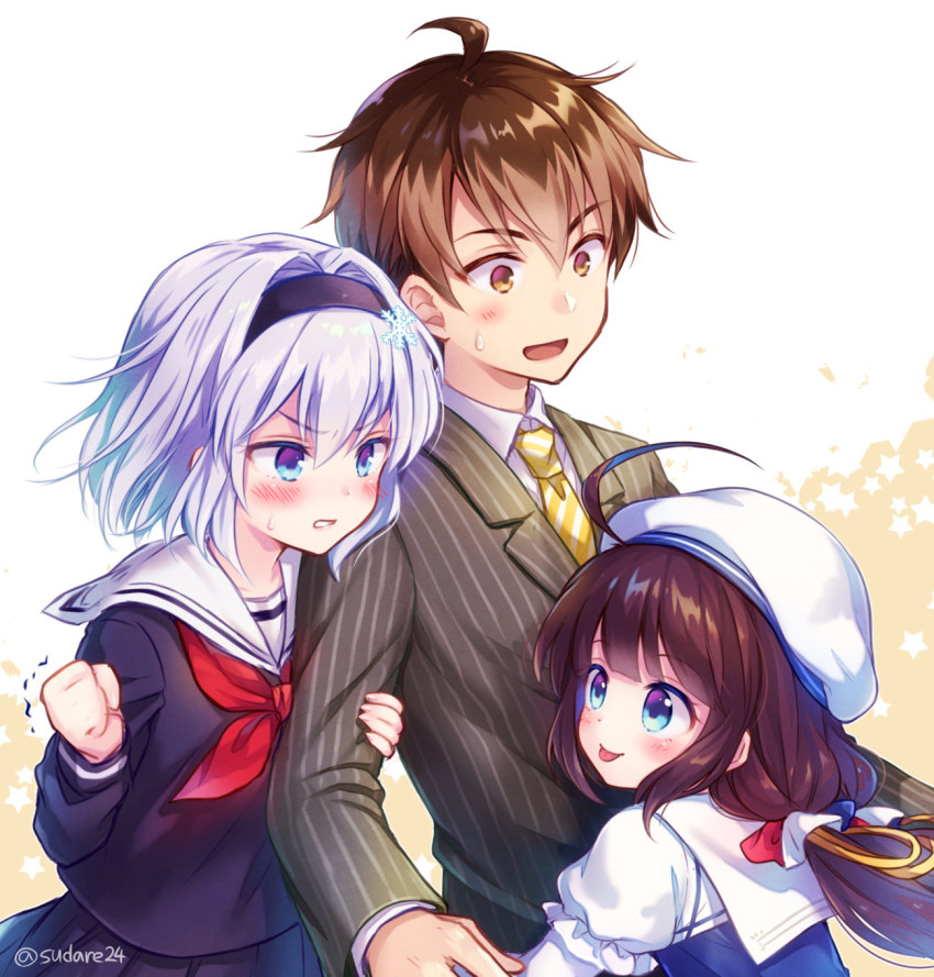 10s, 1boy, 2girls, :p, ahoge, beret, black_hairband, black_serafuku