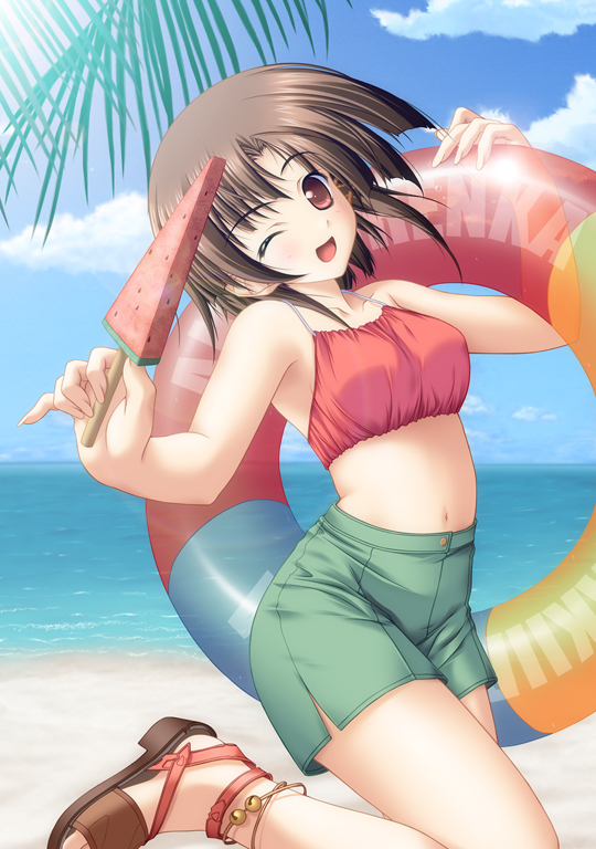 1girl, akiiro_renka, anklet, beach, bell, bikini, brown_hair, brown_sandals