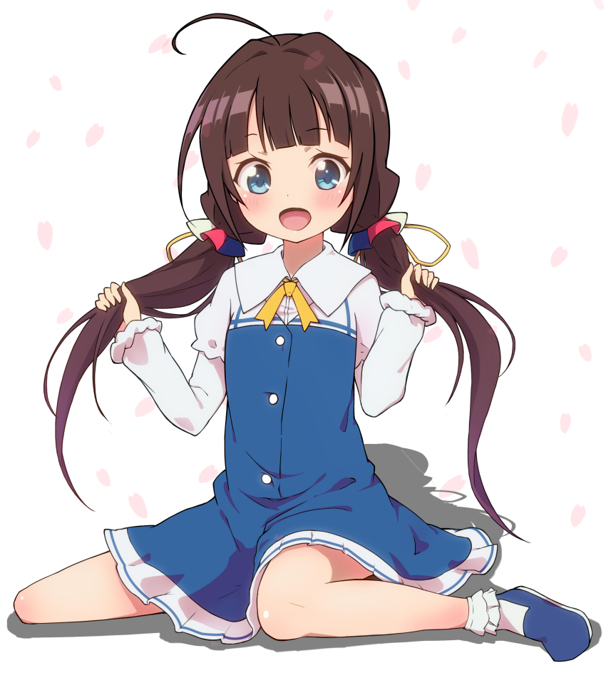 10s, 1girl, :d, absurdres, blue_dress, blue_eyes, blue_shoes, blush