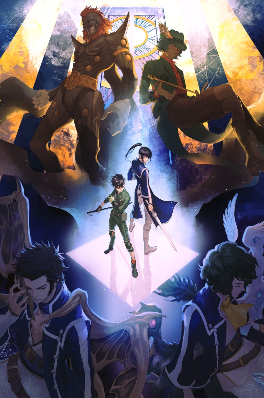 black_hair, dagda_(megami_tensei), demon_(megami_tensei), flynn_(megami_tensei), green_eyes, highres, holding, holding_sword