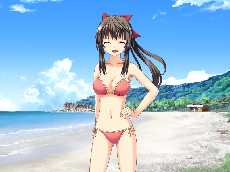 1girl, beach, bikini, black_hair, closed_eyes, day, female_focus, game_cg