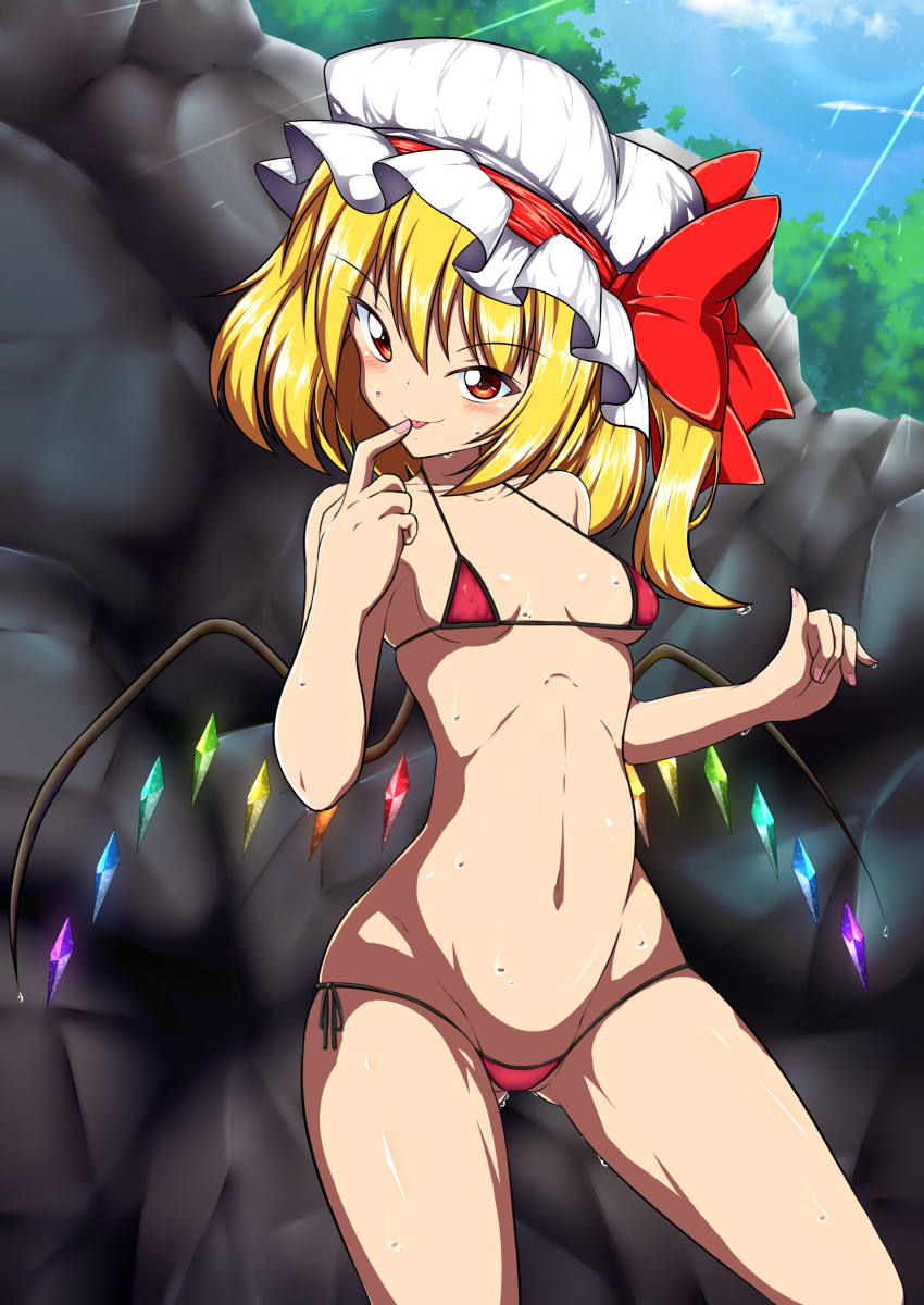 1girl, :p, bikini, blonde_hair, blue_sky, blush, breasts, cloud, commentary_request, day, female_focus, flandre_scarlet, hat, highres, kagayama_hajime, looking_at_viewer, micro_bikini, nail_polish, naughty_face, navel, outdoors, pink_nails, red_bikini, red_eyes, short_hair, side-tie_bikini_bottom, side_ponytail, sky, small_breasts, solo, standing, sun_beam, sweat, swimsuit, tongue, tongue_out, touhou, wings