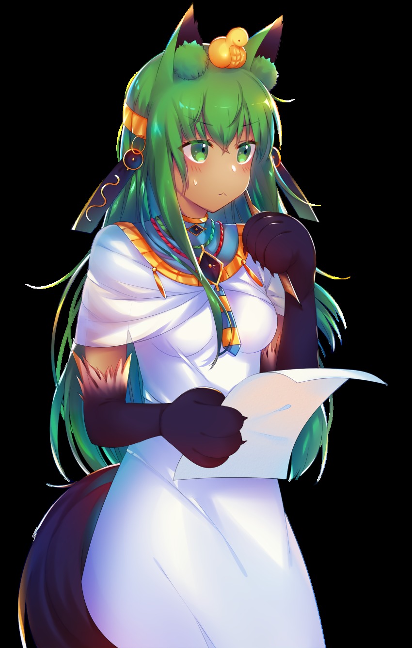 1girl, :<, ancient_egyptian_clothes, animal_ears, animal_hands, anubis_(monster_girl_encyclopedia), blush, commentary_request