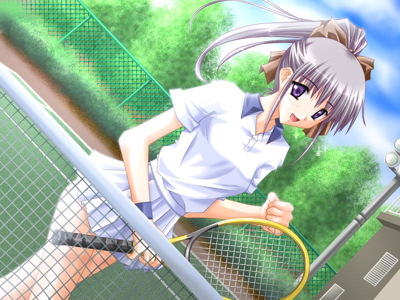 1girl, akusawa_nanami, bow, brown_bow, chain-link_fence, chocolate_days, cloud, cowboy_shot