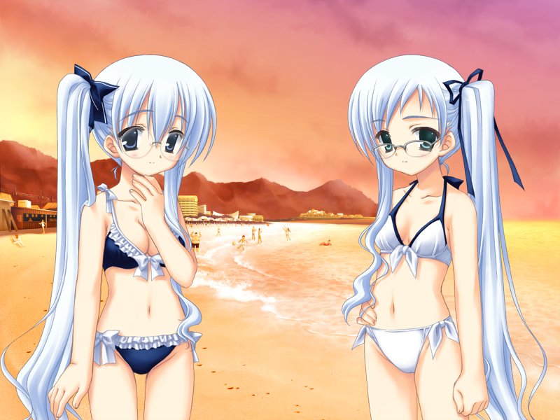 2girls, beach, bikini, blue_eyes, blue_hair, cloud, frilled_bikini, frills, front-tie_top, game_cg, glasses, green_eyes, hajimete_no_otetsudai, hand_on_own_hip, long_hair, miyamae_futuha, miyamae_hitoha, multiple_girls, navel, non-web_source, siblings, side-tie_bikini_bottom, side_ponytail, sin-go, sisters, sunset, swimsuit, tachi-e, thighs, twins, very_long_hair, water