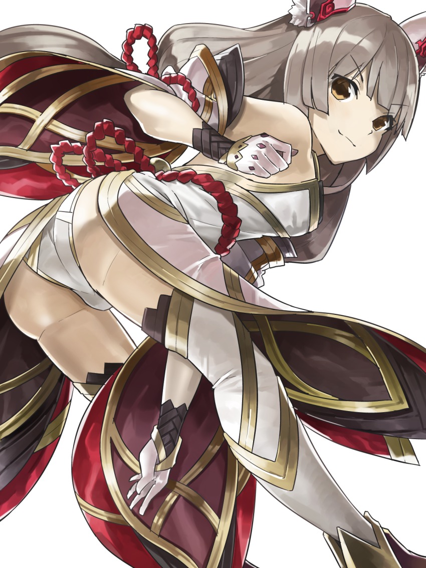 ass, bare_shoulders, bent_over, blunt_bangs, boots, commentary_request, detached_sleeves, gloves, highres, leotard, long_hair, long_sleeves, looking_at_viewer, low_twintails, mosamune, nia_(blade)_(xenoblade), nia_(xenoblade), nintendo, niyah, off_shoulder, silver_hair, simple_background, smile, solo, spoilers, thigh_boots, thighhighs, twintails, very_long_hair, white_background, wide_sleeves, xenoblade_chronicles_(series), xenoblade_chronicles_2