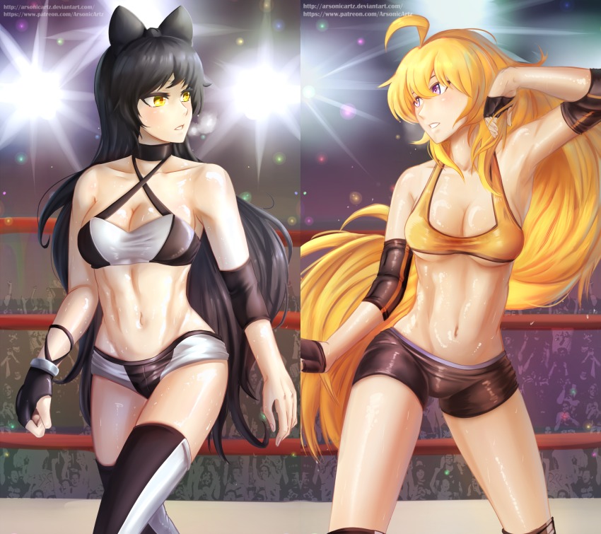 2girls, arsonichawt, black_hair, blake_belladonna, blonde_hair, breasts, cleavage, highres, long_hair, midriff, multiple_girls, muscular, navel, purple_eyes, rwby, shorts, sports_bra, underboob, wrestling_ring, yang_xiao_long, yellow_eyes