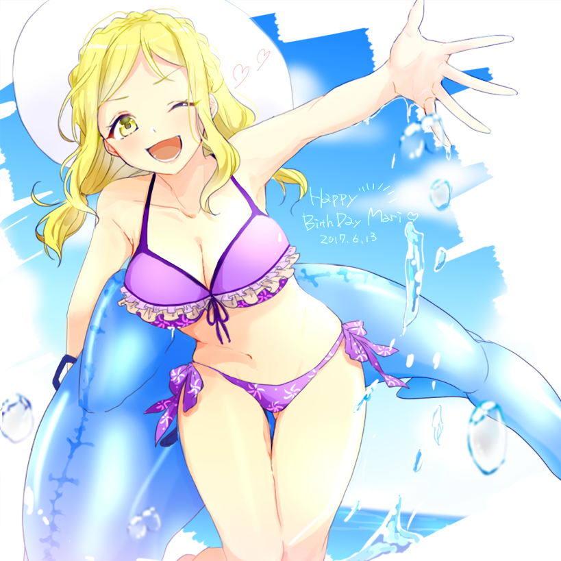 1girl, ;d, azuma_(no488888), bikini, blonde_hair, braid, breasts, cleavage