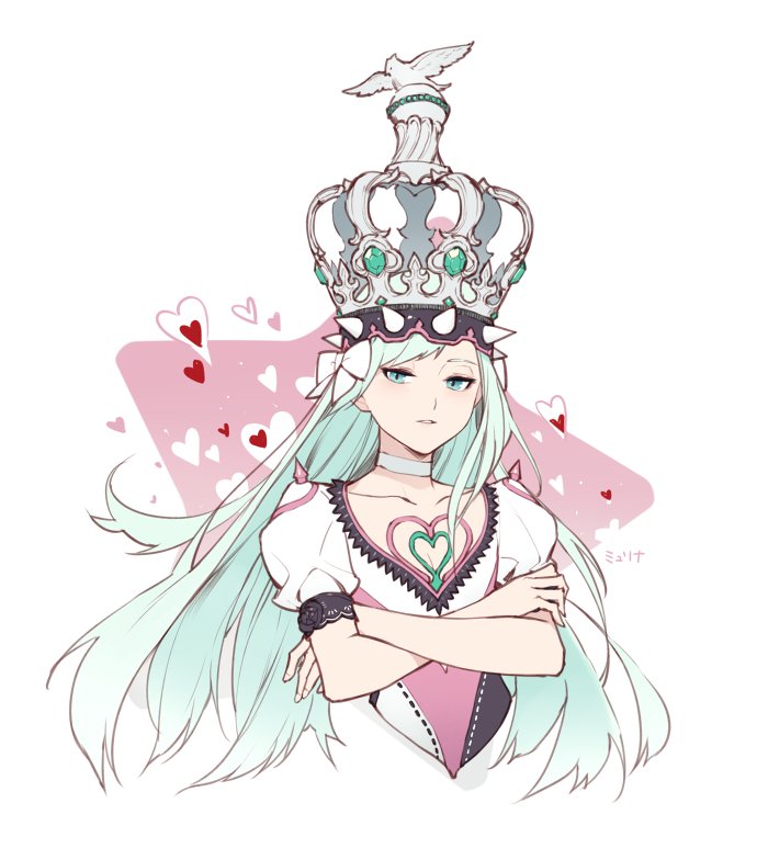 1girl, choker, copyright_request, crossed_arms, crown, female_focus, fingernails, green_eyes