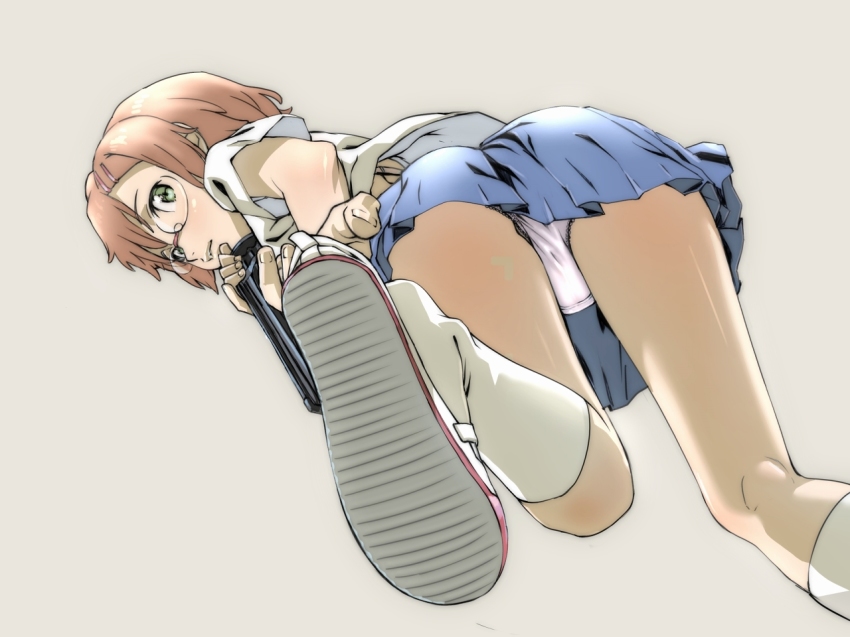 1girl, blue_skirt, blush, brown_hair, chounan, female_focus, from_below, glasses, godou_tsugumi, green_eyes, grey_background, hair_ornament, hairclip, looking_at_viewer, panties, pantyshot, parallel_hairclips, putting_on_footwear, school_uniform, short_hair, skirt, solo, tokimeki_memorial, tokimeki_memorial_4, underwear, white_legwear, white_panties