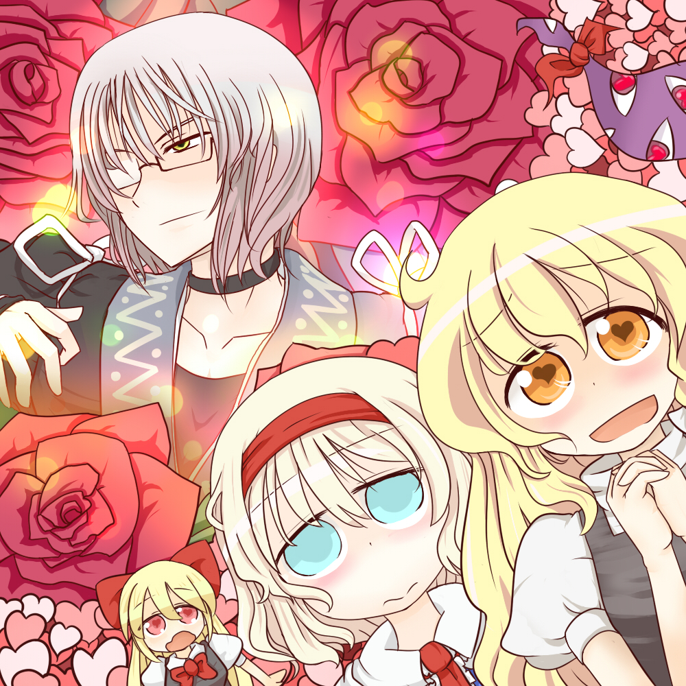 1boy, 3girls, alice_margatroid, blonde_hair, blue_eyes, blush, doll, eye_focus