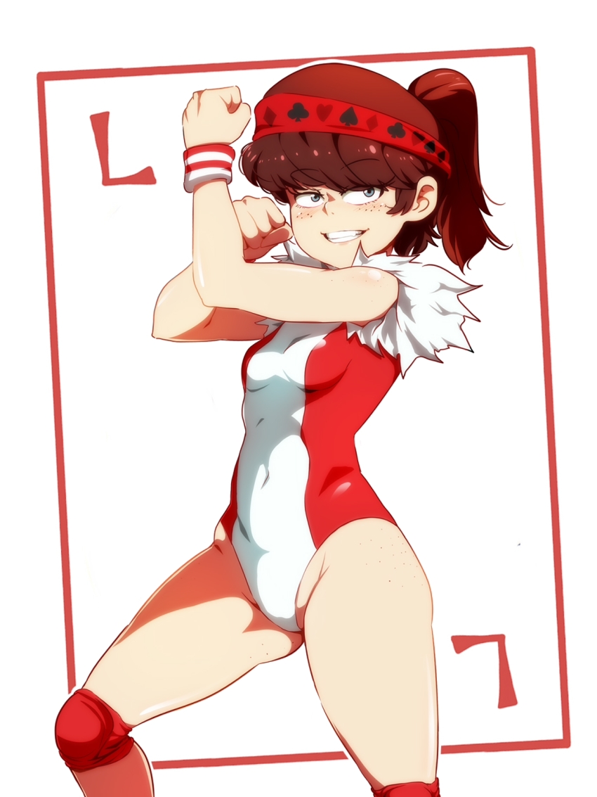 1girl, animification, arms_up, bare_shoulders, blue_eyes, breasts, brown_hair, card, clenched_hands, club_(shape), commentary, covered_navel, diamond_(shape), english_commentary, eyes_visible_through_hair, female_focus, freckles, fur_collar, grin, groin, headband, heart, high_ponytail, highres, jcm2, knee_pads, leotard, loli, looking_at_viewer, lynn_loud, multicolored_leotard, playing_card, ponytail, red_headband, red_leotard, shiny_skin, short_hair, simple_background, skin_tight, sleeveless, small_breasts, smile, solo, spade_(shape), standing, superhero_costume, sweatband, the_loud_house, white_background, white_leotard, wristband