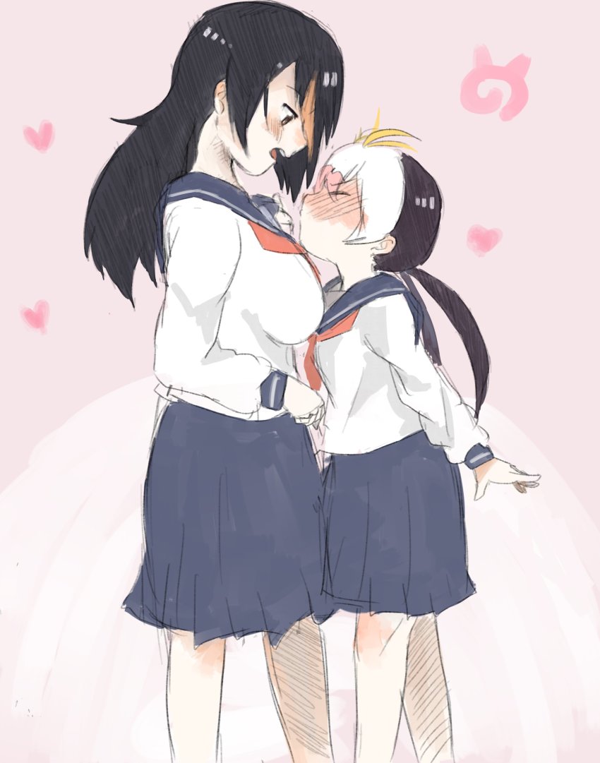 10s, 2girls, absurdres, alternate_costume, black_hair, blonde_hair, blush, commentary_request