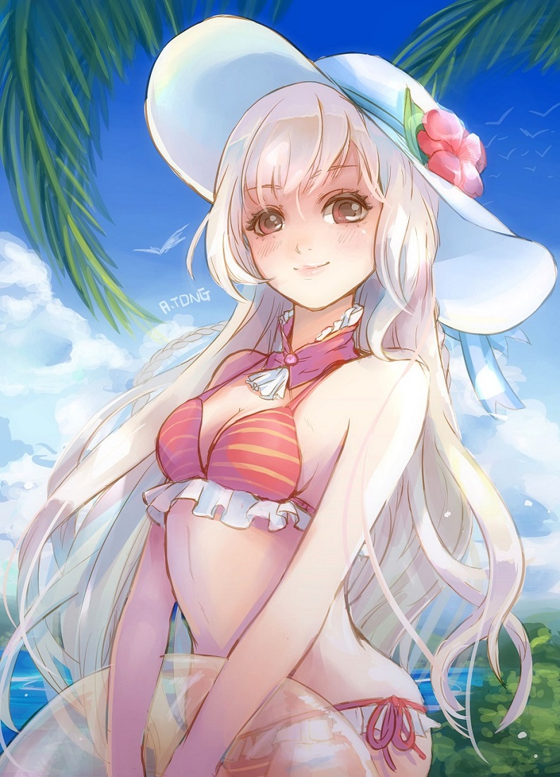 1girl, a.tong, artist_name, ascot, bikini, blonde_hair, brown_eyes, detached_collar, female_focus, flower, frilled_bikini, frills, hat, hat_flower, holding, holding_swim_ring, innertube, long_hair, looking_at_viewer, original, palm_tree, red_bikini, side-tie_bikini_bottom, smile, solo, striped_bikini, striped_clothes, sun_hat, swim_ring, swimsuit, tree