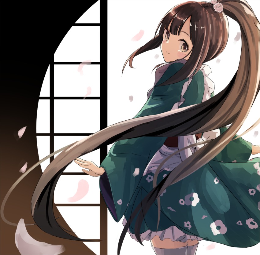 1girl, brown_eyes, brown_hair, cowboy_shot, doran_(dorannomai), female_focus, flower, from_behind