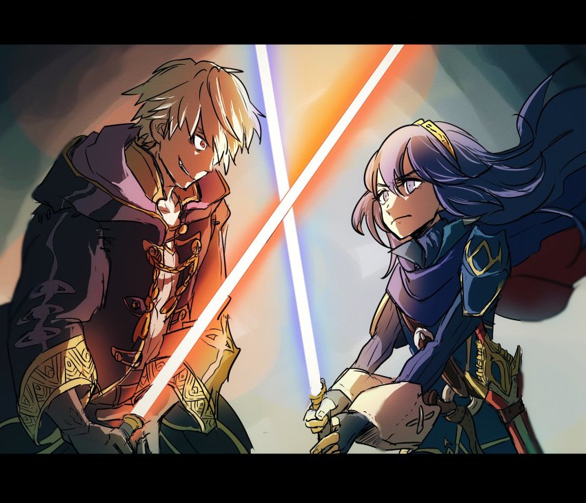 1boy, 1girl, blue_eyes, blue_hair, cape, dark_persona, energy_sword, evil_smile, fire_emblem, fire_emblem_awakening, fire_emblem_heroes, gloves, grima_(fire_emblem), highres, holding, hood, hoshigaki_(hsa16g), lightsaber, long_hair, lucina_(fire_emblem), male_robin_(fire_emblem), male_robin_(grima)_(fire_emblem), nintendo, red_eyes, robe, short_hair, smile, star_wars, sword, tiara, two-handed, weapon, white_hair