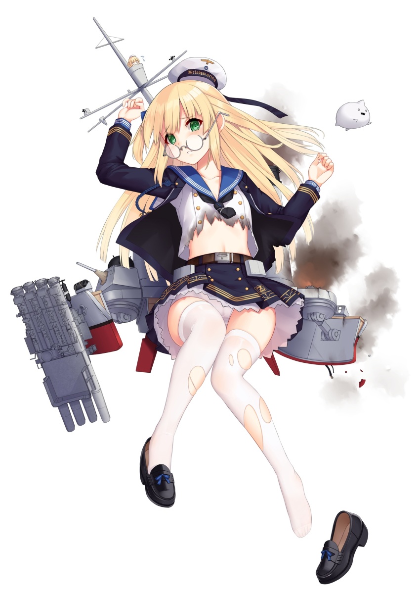 2girls, allenes, belt, belt_buckle, black_footwear, black_jacket, black_neckwear, black_skirt, blonde_hair, blue_bow, blue_sailor_collar, blush, bow, brown_belt, buckle, cannon, clenched_teeth, collarbone, fingernails, fire, flying_sweatdrops, full_body, hair_bow, hat, highres, jacket, loafers, long_hair, looking_at_viewer, military_hat, military_jacket, mini_person, minigirl, multiple_girls, open_clothes, open_jacket, panties, parted_lips, peaked_cap, pleated_skirt, sailor_collar, school_uniform, serafuku, ship_turret, shirt, shoes, simple_background, skirt, smoke, solo_focus, teeth, thighhighs, torn_clothes, torn_jacket, torn_legwear, torn_shirt, torpedo_tubes, two_side_up, underwear, very_long_hair, warship_girls_r, white_background, white_hat, white_legwear, white_panties, white_shirt, z31_(warship_girls_r)