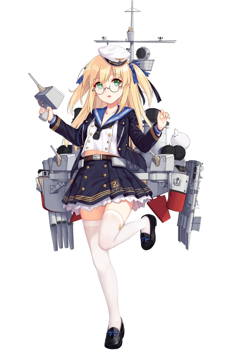 2girls, allenes, belt, belt_buckle, black_footwear, black_jacket, black_neckwear, black_skirt, blonde_hair, blue_bow, blue_sailor_collar, bow, brown_belt, buckle, cannon, collarbone, commentary_request, fingernails, full_body, glasses, hair_bow, hat, highres, holding, jacket, loafers, long_hair, looking_at_viewer, military_hat, military_jacket, mini_person, minigirl, multiple_girls, open_clothes, open_jacket, panties, panty_peek, peaked_cap, pleated_skirt, round_eyewear, sailor_collar, school_uniform, serafuku, shirt, shoes, simple_background, skirt, solo_focus, thighhighs, torpedo_tubes, two_side_up, underwear, very_long_hair, warship_girls_r, white_background, white_hat, white_legwear, white_panties, white_shirt, z31_(warship_girls_r)