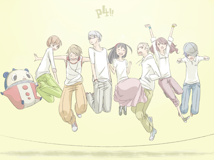 3boys, 4girls, alternate_costume, amagi_yukiko, arabahama, atlus, casual, glasses