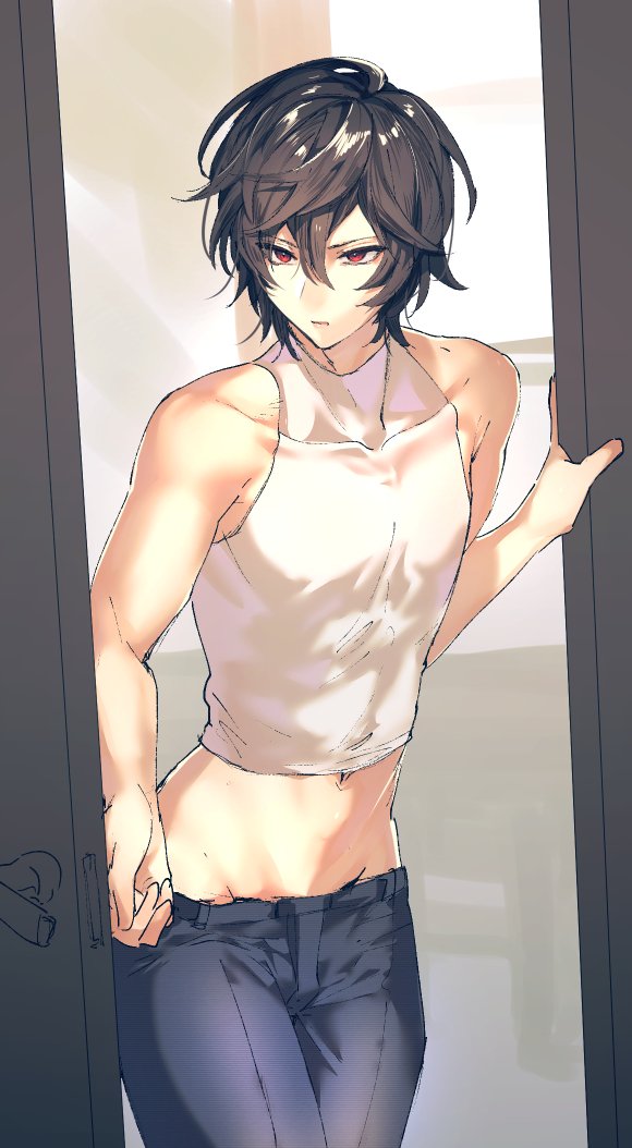 1boy, brown_hair, granblue_fantasy, lowleg, lowleg_pants, makita_(homosapiensu), male_focus, opening_door, pants, red_eyes, sandalphon_(granblue_fantasy), short_hair, sleeveless, solo, tank_top