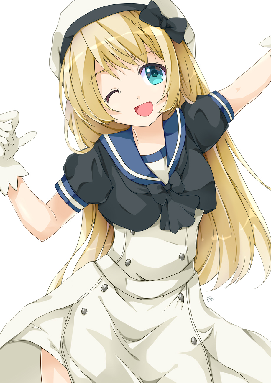 1girl, blonde_hair, blue_eyes, blue_sailor_collar, commentary_request, dress, female_focus, gloves