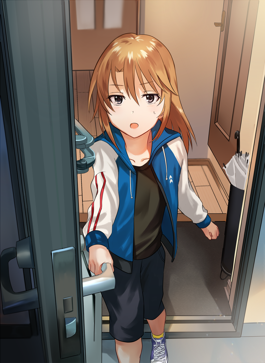 1girl, blue_jacket, blush, capri_pants, closed_umbrella, commentary_request, door, doorway, female_focus, from_above, hair_between_eyes, half-closed_eyes, highres, holding, idolmaster, idolmaster_cinderella_girls, indoors, jacket, letterman_jacket, long_hair, long_sleeves, looking_at_viewer, open_mouth, orange_hair, pants, pov_doorway, purple_eyes, solo, standing, takeume, tomboy, umbrella, wooden_floor, yuuki_haru