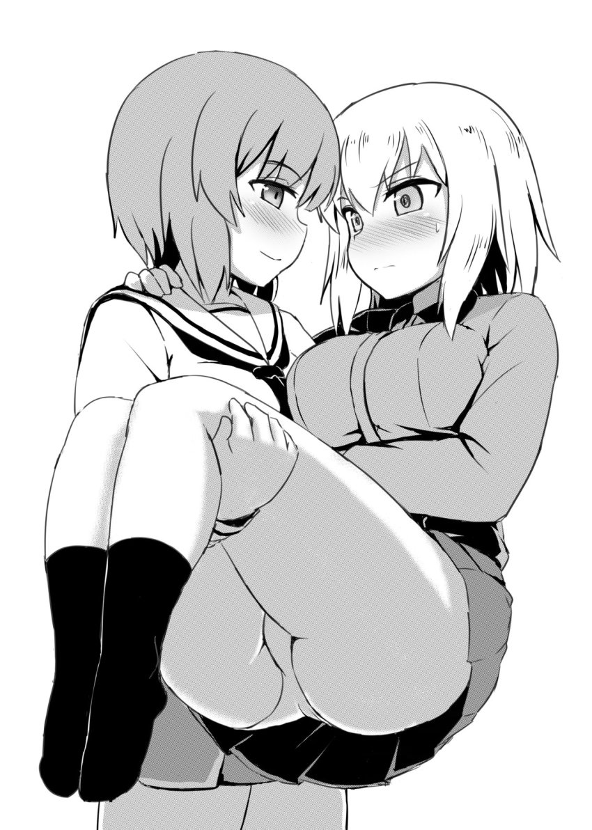 10s, 2girls, arm_around_neck, blouse, blush, carrying, commentary_request, dress_shirt