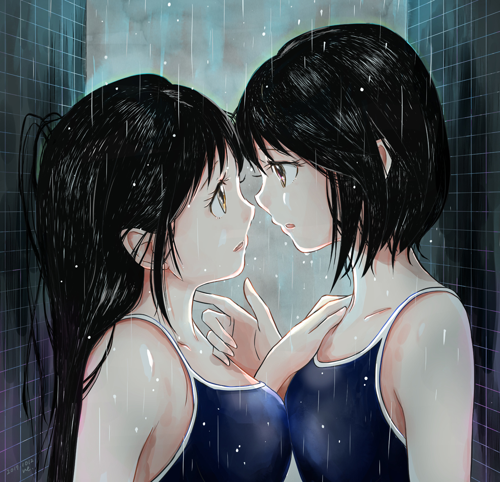 2girls, bad_id, bad_pixiv_id, black_hair, breasts, competition_school_swimsuit, dated, female_focus, finger_to_neck, hand_on_another's_shoulder, height_difference, imminent_kiss, kakine-666, long_hair, looking_at_another, medium_breasts, multiple_girls, one-piece_swimsuit, original, pink_eyes, rain, school_swimsuit, short_hair, small_breasts, swimsuit, tile_wall, tiles, wet, yellow_eyes, yuri