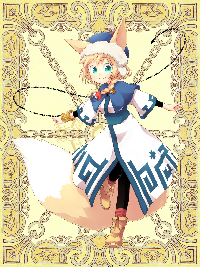 1girl, animal_ears, black_legwear, braid, chain, ears_through_headwear, female_focus, fox_ears, fox_tail, full_body, hat, kerberos_blade, long_hair, looking_at_viewer, magamoto, single_braid, smile, solo, standing, standing_on_one_leg, tail, toono_kuzuha, yellow_background