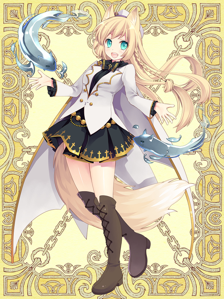 1girl, :d, animal_ears, aqua_eyes, black_skirt, blonde_hair, blush, boots