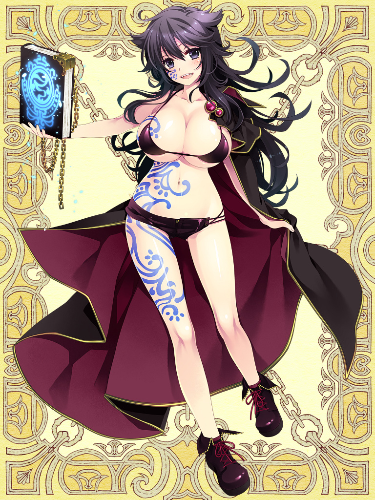 1girl, :d, bikini, blush, book, boots, breasts, cape, cleavage, female_focus, full_body, kerberos_blade, large_breasts, long_hair, looking_at_viewer, michitakamitsuk_(mitsukimtw), nekoyashiki_chimaki, open_mouth, purple_bikini, purple_eyes, purple_hair, smile, solo, swimsuit, underboob, yellow_background