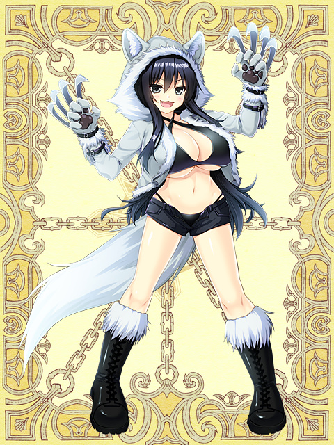1girl, :3, animal_hood, bikini, black_bikini, black_eyes, black_hair, black_shirt