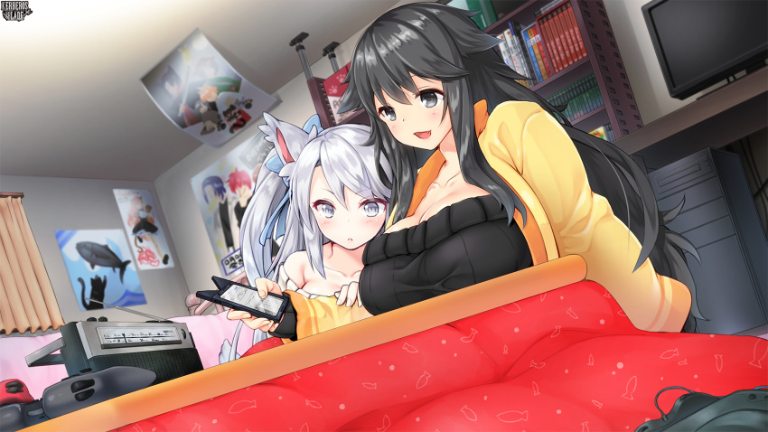2girls, :3, animal_ears, animal_print, bed, black_eyes, black_hair, blush, breasts, cat_phone_case, cellphone, cleavage, controller, copyright_name, curtains, dutch_angle, fang, fish_print, game_controller, highres, huge_breasts, kerberos_blade, kotatsu, long_hair, medium_breasts, multiple_girls, nekoyashiki_arare, nekoyashiki_chimaki, off-shoulder, off-shoulder_sweater, off_shoulder, open_mouth, ozuka_suma, phone, poster_(medium), poster_(object), radio, ribbed_sweater, grey_eyes, silver_hair, smartphone, smile, sweater, table, television, very_long_hair
