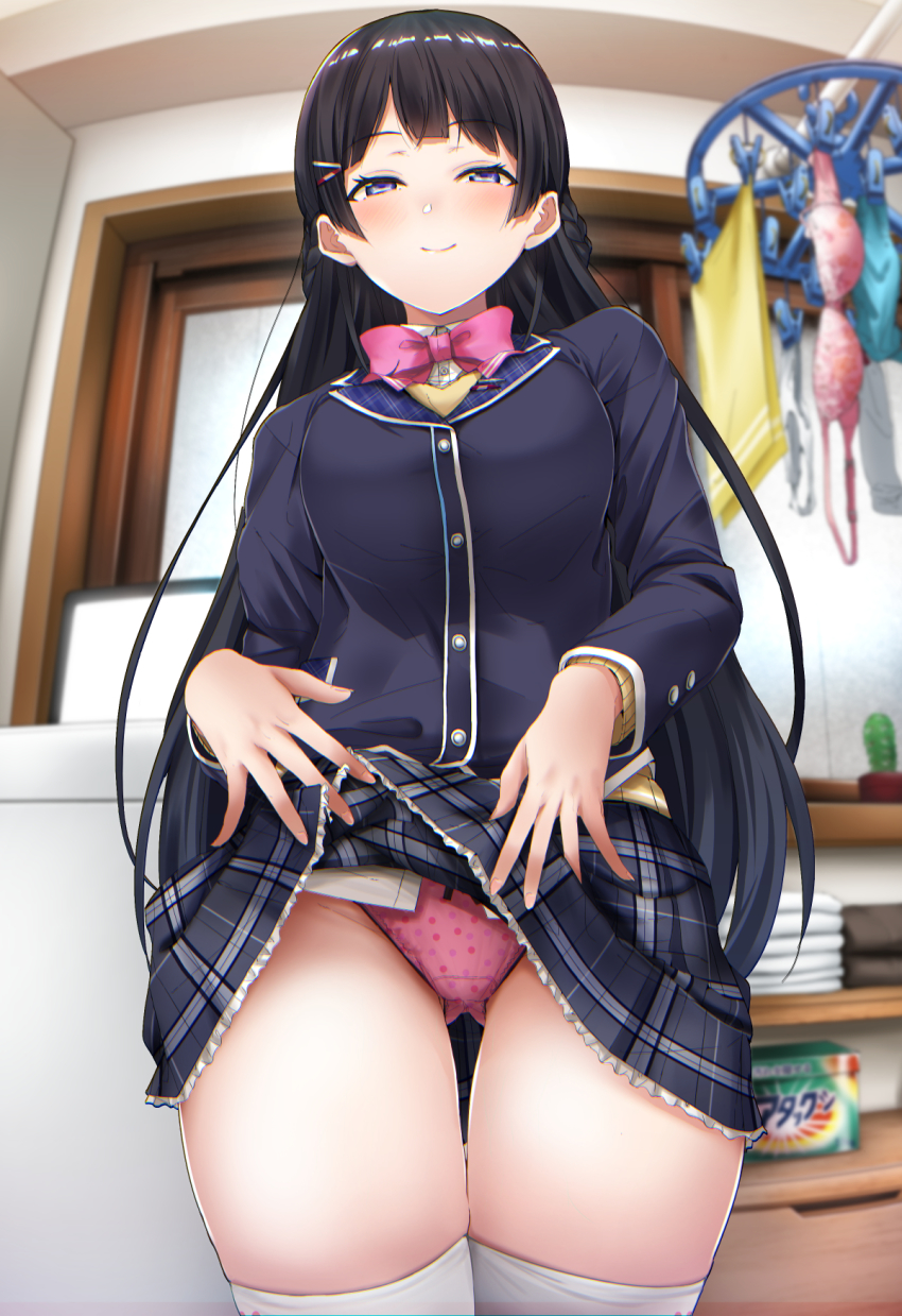 1girl, amagasa_ikuta, black_hair, black_jacket, blue_eyes, blurry, blush, bow, bow_panties, bowtie, bra, braid, breasts, cactus, chromatic_aberration, clothes_hanger, clothes_lift, commentary_request, computer, cowboy_shot, depth_of_field, detergent, female_focus, fisheye, gluteal_fold, hair_ornament, hairclip, half-closed_eyes, highres, jacket, lapels, laptop, lifting_own_clothes, long_hair, looking_at_viewer, medium_breasts, naughty_face, nijisanji, panties, pink_panties, plaid_clothes, plaid_lapels, plaid_skirt, polka_dot, polka_dot_panties, school_uniform, self_exposure, skirt, skirt_lift, smile, solo, sweater, thighhighs, top-load_washing_machine, towel, tsukino_mito, tsukino_mito_(1st_costume), underwear, virtual_youtuber, washing_machine, white_thighhighs
